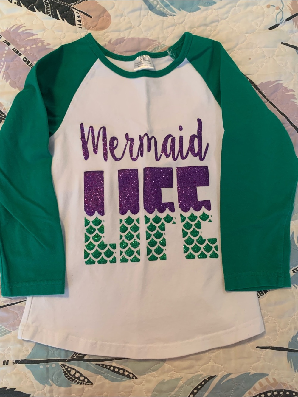 Kids "Mermaid Life" White & Green Raglan Shirt with Purple Glitter Print
